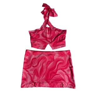 Dolls Kill New Pink Till Infinity Mini Skirt Set Mesh Halter Crop Top Size Small